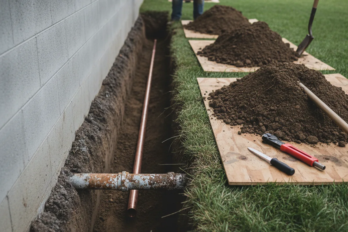 Excavated water line trench during Sewer Line Repair in Mentone